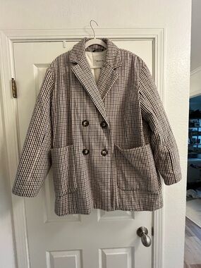 Madewell Women’s Double-Breasted Checked Coat Jacket - Brown & White - Primaloft